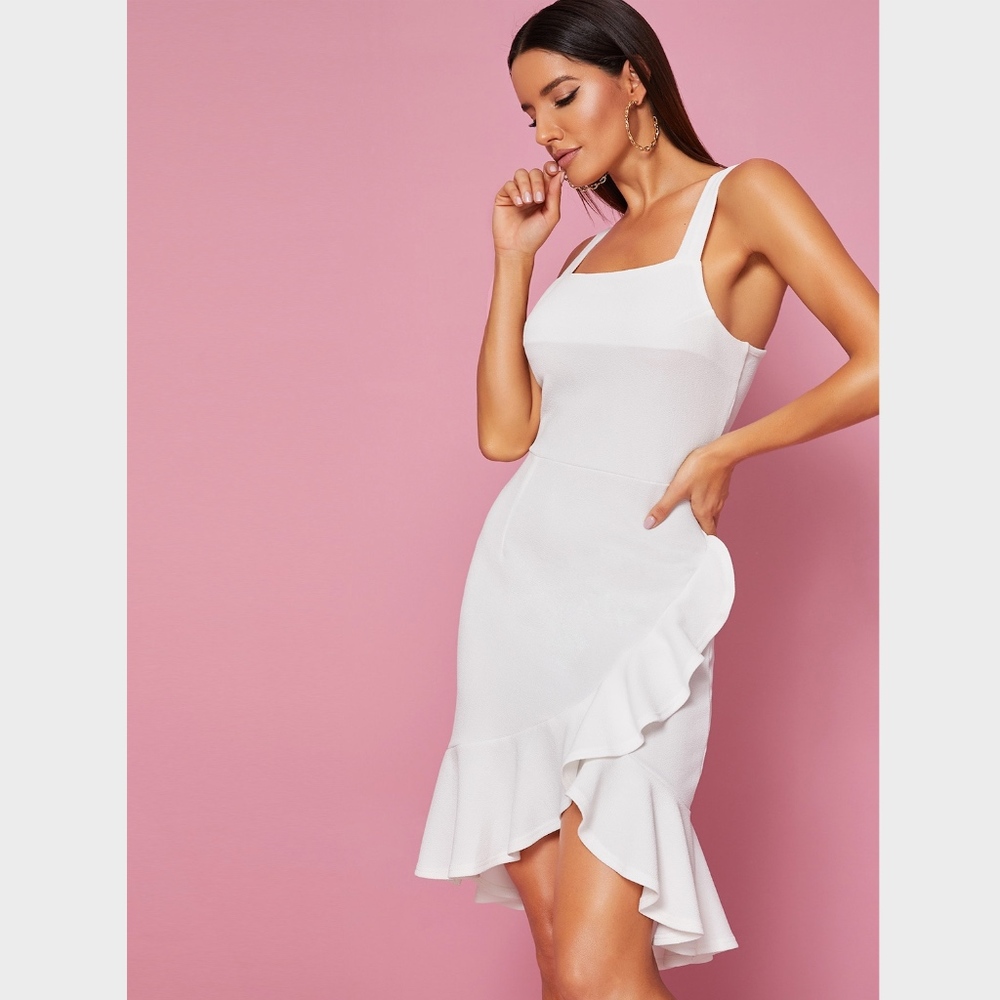 White Sheath Ruffle Detail Asymmetrical Dress - Picture 2 of 8